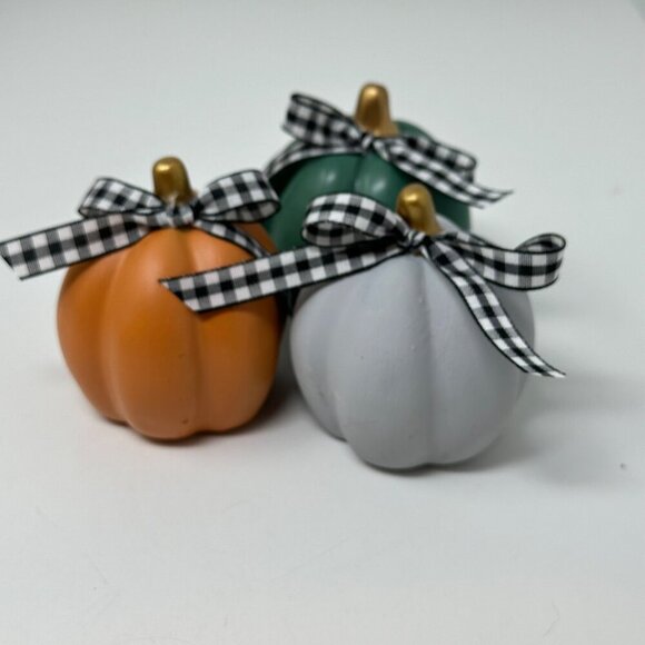 Mini Ceramic Pumpkins Set of 3 Orange Green Gray Hand Tied Bow Fall Decor Autumn - Picture 2 of 8
